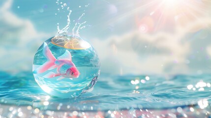 Wall Mural - clear blue ocean, gold coin sacred geometry sun disc beaming light rays, a pink, blue, gold fish jumping out of a fishbowl on the water, fantasy, mystical
