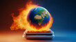 Planet Earth globe is burning in a microwave oven, conceptual illustration of global warming, temperature increase, over heating of the world in climate change, earth burning, flames