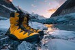Mountaineering boots beside a melting glacier stream, high contrast, closeup, fresh for Adobe , golden hour lighting