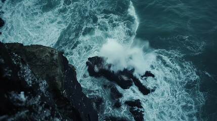 Wall Mural - Powerful ocean waves collide with the rugged cliffs, creating a dramatic spray of foam and water.