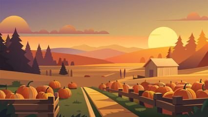 a peaceful and serene scene of a pumpkin patch during golden hour with the warm glow of the sunset c