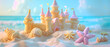 A castle made of sand is on a beach. The castle is pink and white and has a pink roof