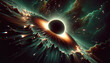 A space scene with a large black hole in the center. The image is a work of art, with a lot of detail and a sense of depth. Scene is mysterious and awe-inspiring