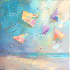 A painting of four kites flying in the sky with a blue background. The kites are of different colors and sizes, and they are all flying in different directions. The painting conveys a sense of freedom