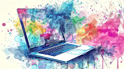 watercolor colorful laptop computer illustration