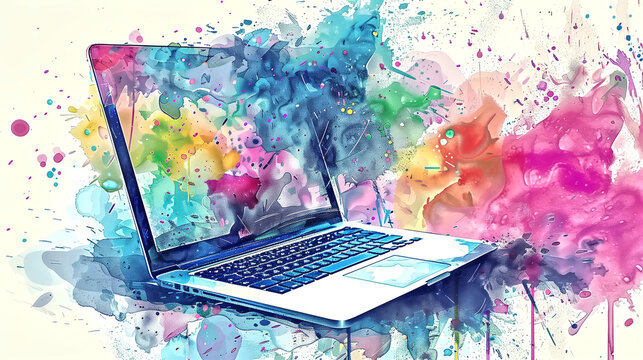 watercolor colorful laptop computer illustration