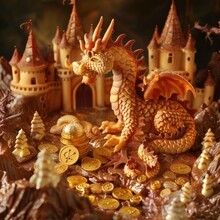 A Fantasy Scene With A Dragon Made Of Fiery Cinnamon Candies, Guarding A Treasure Of Gold Chocolate Coins.