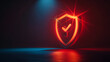 A conceptual image of a vibrant red neon shield with a check mark denoting security, reliability, and digital protection