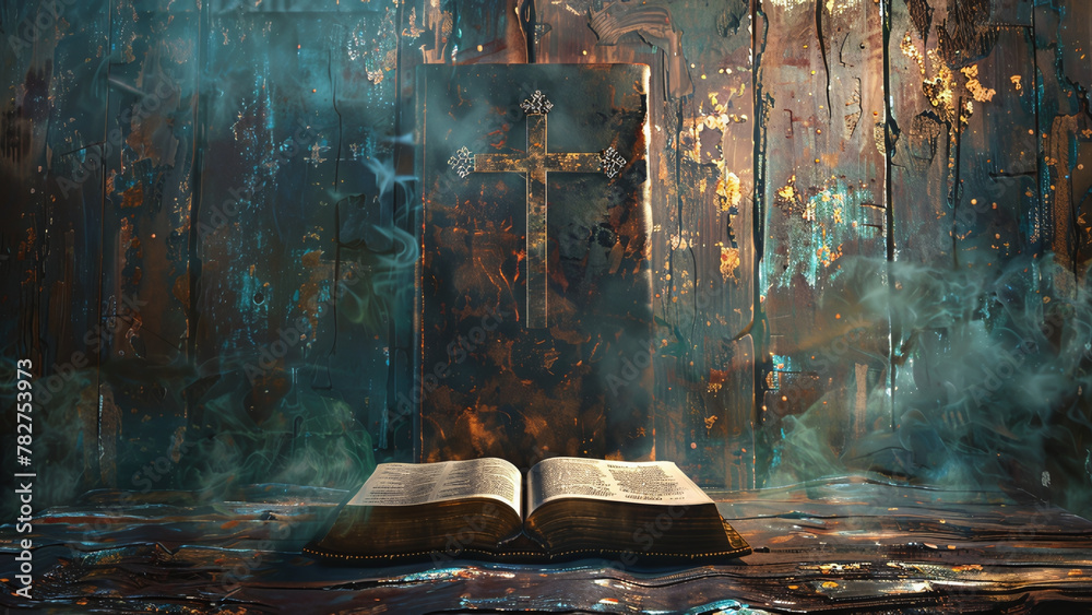 Sacred Scriptures: Bible with Catholic Cross and Religious Symbolism ...