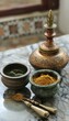 Traditional Ayurvedic Herbal Remedies and Wellness Supplies on Ornate Metal Tabletop