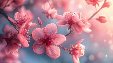 Wall Mural - Spring branches in bloom, pink cherry flowers