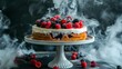 a cake topped with raspberries and blackberries on top of a cake stand with smoke coming out of it 