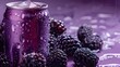 chilled purple soda can with water droplets among fresh blackberries on a violet backdrop