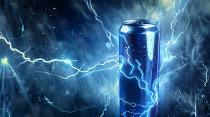 Creative concept banner to advertise an energy drink in an aluminum can. Energy drink with lightning and flashes, symbols of energy. 3d render illustration style