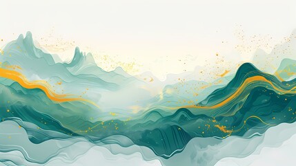 Wall Mural - Digital traditional gold blue and green landscape illustration poster PPT background