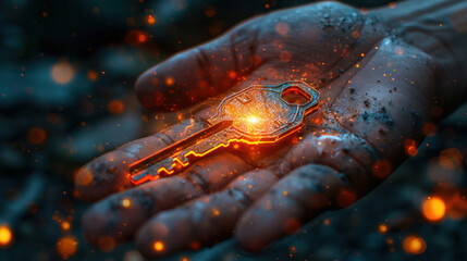 Wall Mural - Advanced tech concept: Glowing digital key in hand, unlocking innovation.