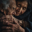 Ageless Embrace, Elderly couple in a tender embrace, a lifetime of love in their eyes.