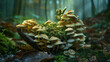 A cluster of mushrooms growing in the shape of a cupped hand from the forest floor. 32k, full ultra hd, high resolution
