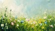 A painting depicting a field of flowers under a blue sky background, captured with oil strokes on a wide canvas. Wallpaper. Copy space.