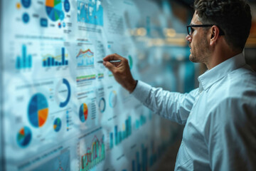 Wall Mural - A man is pointing at a large screen with many graphs and charts