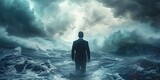 Fototapeta  - Businessman Navigating Through Turbulent Seas of Business Challenges and Opportunities