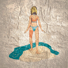 Wall Mural - Illustration of a beautiful fashion model posing in a stylish swimsuit. Young attractive woman in bikini. Back view. Part of ocean or sea