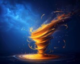 Fototapeta Przestrzenne - Vibrant golden tornado whirls dynamically against a dramatic blue sky in an energetic digital artwork.