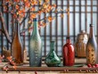 Showcase a series of sake bottles with different hues and textures in a sophisticated setting.