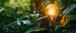 Solar lighting nurture plant growth in lamp bulb, harmonizing with trees on green background. image captures greenery against mountain backdrop, green technology, innovation, startup or idea concept.