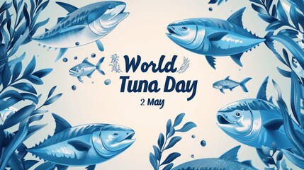  This is cartoon illustration of tunas and sea plants in blue colors. World Tuna Day card