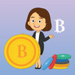 Businessman cartoon character holding bitcoin