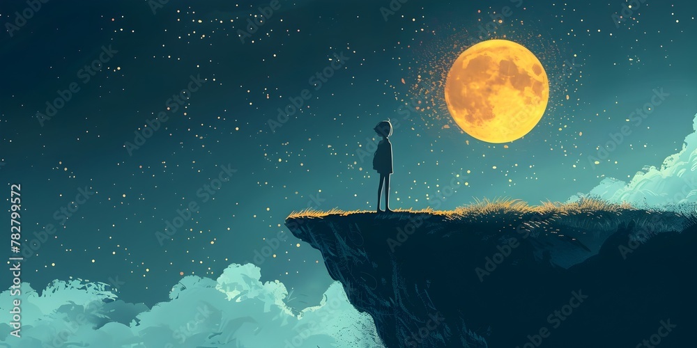 Silhouetted figure standing at the edge of a cliff gazing at the ...