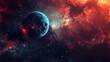 A captivating space scene featuring a blue planet against the backdrop of a swirling red nebula and starfield.