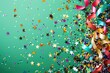 Colorful party poppers exploding in a burst of joyous celebration, scattering glittering stars and ribbons across a vivid green background, evoking the excitement of a birthday bash.