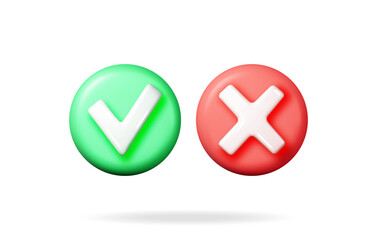 Poster - 3D right and wrong button shape. Green Yes and red no correct incorrect sign. Checkmark tick Rejection, cancel, error, stop, negative, agreement approval or trust symbol. Vector illustration