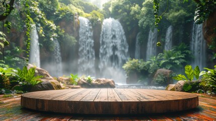 Wall Mural - Wooden platform and natural green leaves. Elegant green platform mockup for product scene and green nature background. Tropical style 3D platform stage