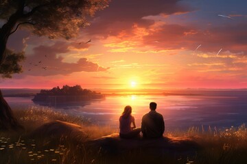 Wall Mural - A couple peacefully watching a radiant sunrise