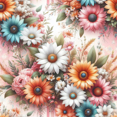 Wall Mural - Spring flowers elegant beautiful floral seamless pattern of fabric hand-painted flowers baroque colorful decoration wallpaper background