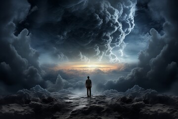 Wall Mural - Conceptual image of a person looking up at a stormy sky