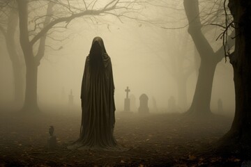 Wall Mural - Hooded figure walking through a foggy graveyard