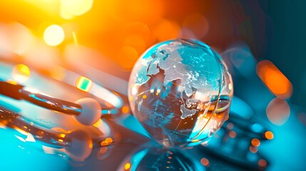Poster - Futuristic Glass Globe on Reflective Surface with Ethereal Lighting, Technology Concept Image. A Vision of Global Connectivity. AI