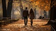 a man and a woman walking down a leaf covered path, redahair and attractive features, boy and girl are the focus, hand holdings, loving stare,  appeasing, endings, lovers
