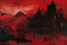 Red And Black Grunge Landscape With Forest And Mountain Silhouette In Background