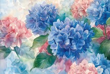 Watercolor Blue And Pink Hydrangea Flowers On Blue Background