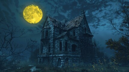 Sticker - Scary house, Troll house, Yellow moon. moonlight chaos, mystery. 3d render