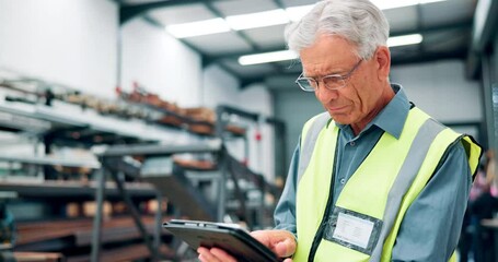 Poster - Tablet, search or senior businessman in warehouse for shipping, logistics or distribution. Digital, research or elderly manager with app for supply chain, communication or stock, cargo or procurement