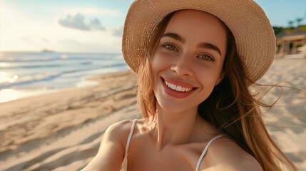 Close up of cheerful young girl in summer hat taking a selfie at the beach.