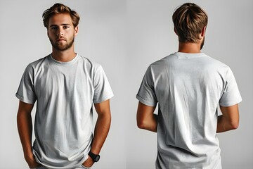 Wall Mural - Front and Back Views of a Grey T-Shirt on a Man, Minimalist Style. Concept Grey T-shirt, Front view, Back view, Minimalist, Fashion,