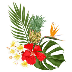 Wall Mural - Summer tropical bouquet with red hibiscus flowers, strelitzia, plumeria, pineapple, monstera and palm leaves. Stock vector illustration on a white background.