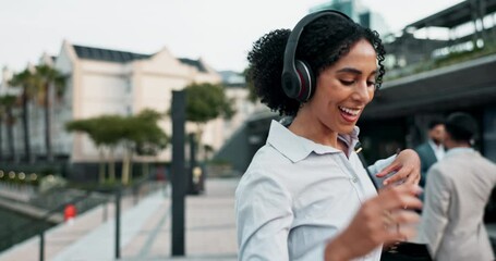 Canvas Print - City, business and woman with headphones, dancing and energy with celebration or outdoor listening to radio. Person, employee or entrepreneur with headset or movement with excited or sound with audio